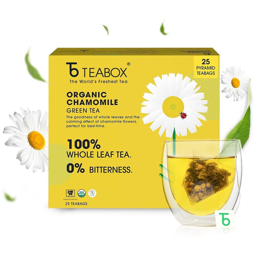 Teabox Top-Grade Organic Green Tea With Chamomile Flowers | 100% Whole Leaf Green Tea From The Himalayas | Usda Organic | 25 Tea Bags (Low Energy Blend)