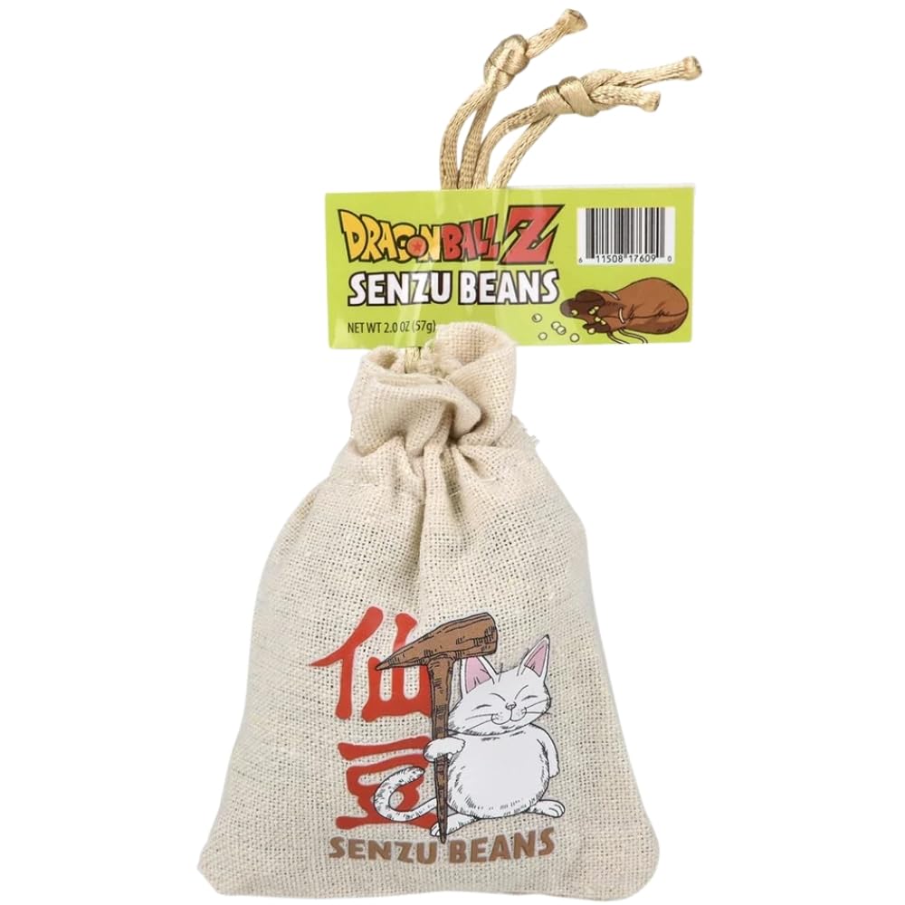Boston America Dragonball Z Senzu Beans Candy 1 Collectible Korin Drawstring Bag Sour Green Apple Flavored Candy Green, Brown 2 Ounce (Pack Of 1)