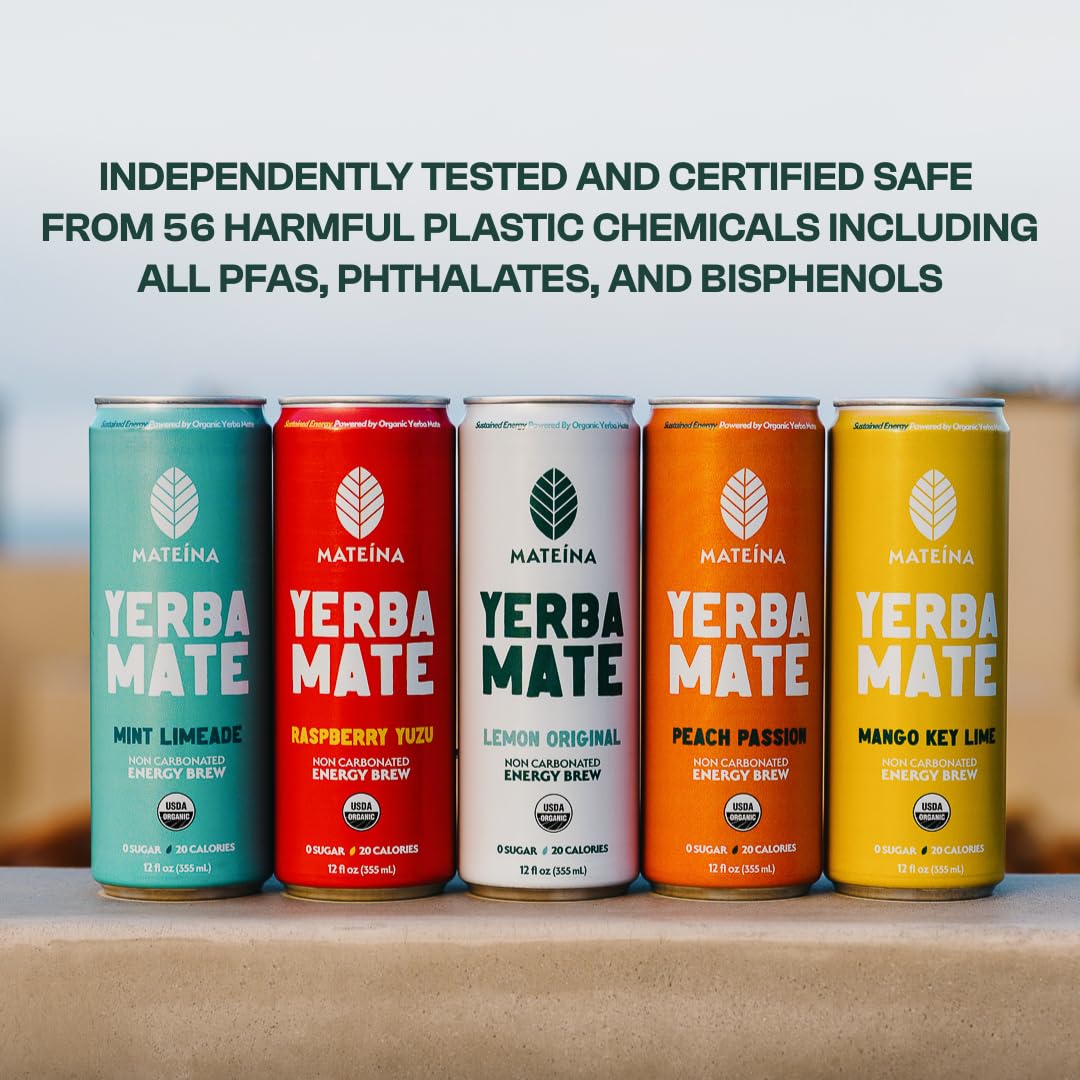 Mateina Yerba Mate Zero Sugar Energy Drink - 120mg Natural Caffeine - Organic  Non-GMO  Non-Carbonated - Dr. Andrew Huberman Recommended - 12 Pack (12oz Cans) (12 Pack  Lemon Original)