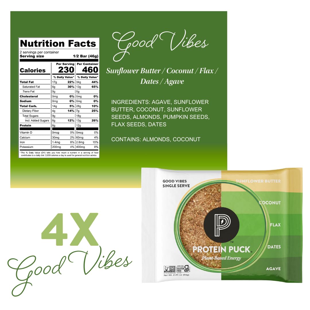 Protein Puck Plant Based Bars | Snacks With Vegan Protein | 16 Count | 3.25 Oz Full Size | Gluten Free, Non Dairy, Kosher Certified Non Gmo Enhanced Healthy Bars | Variety Pack