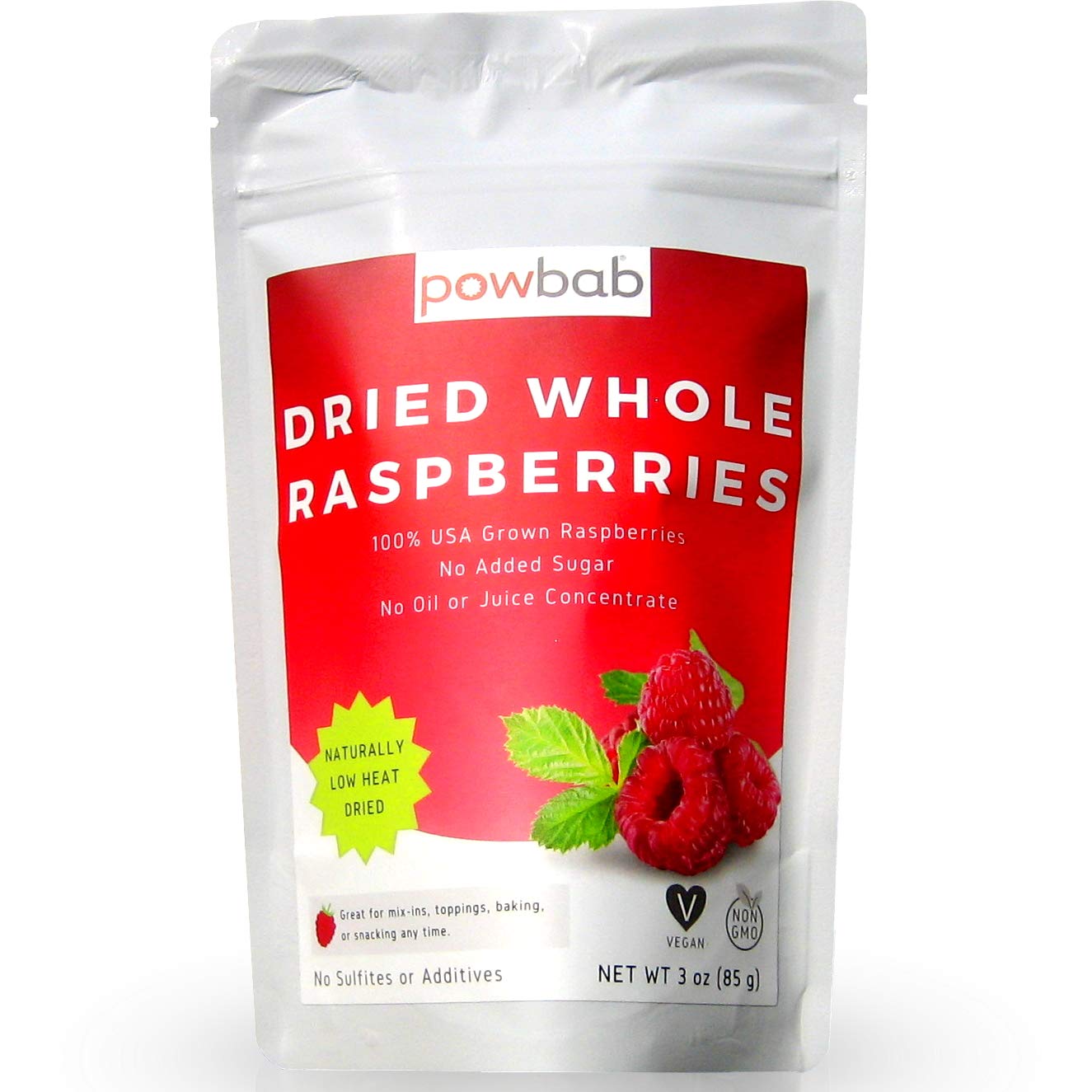 Powbab Dried Raspberries Whole - 100% Usa Grown Organic Raspberries. No Sugar Added, No Oil, No Juice Concentrate. Unsweetened Dehydrated Fruit. Not Freeze Dried, Frozen Or Fresh. For Baking (3 Oz)