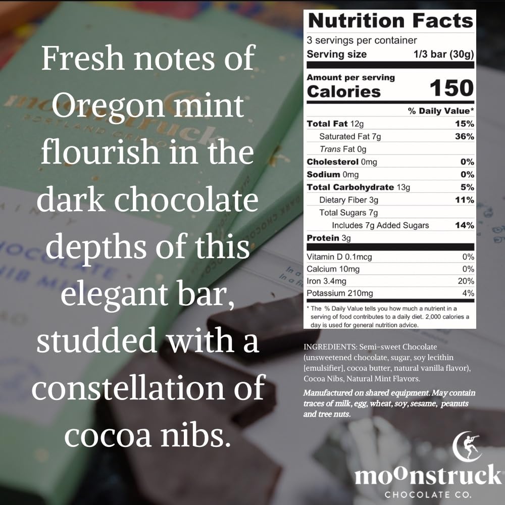 Moonstruck Chocolate Mint Chocolate Bar, 73% Cacao, 3.0Oz (Pack Of 4)