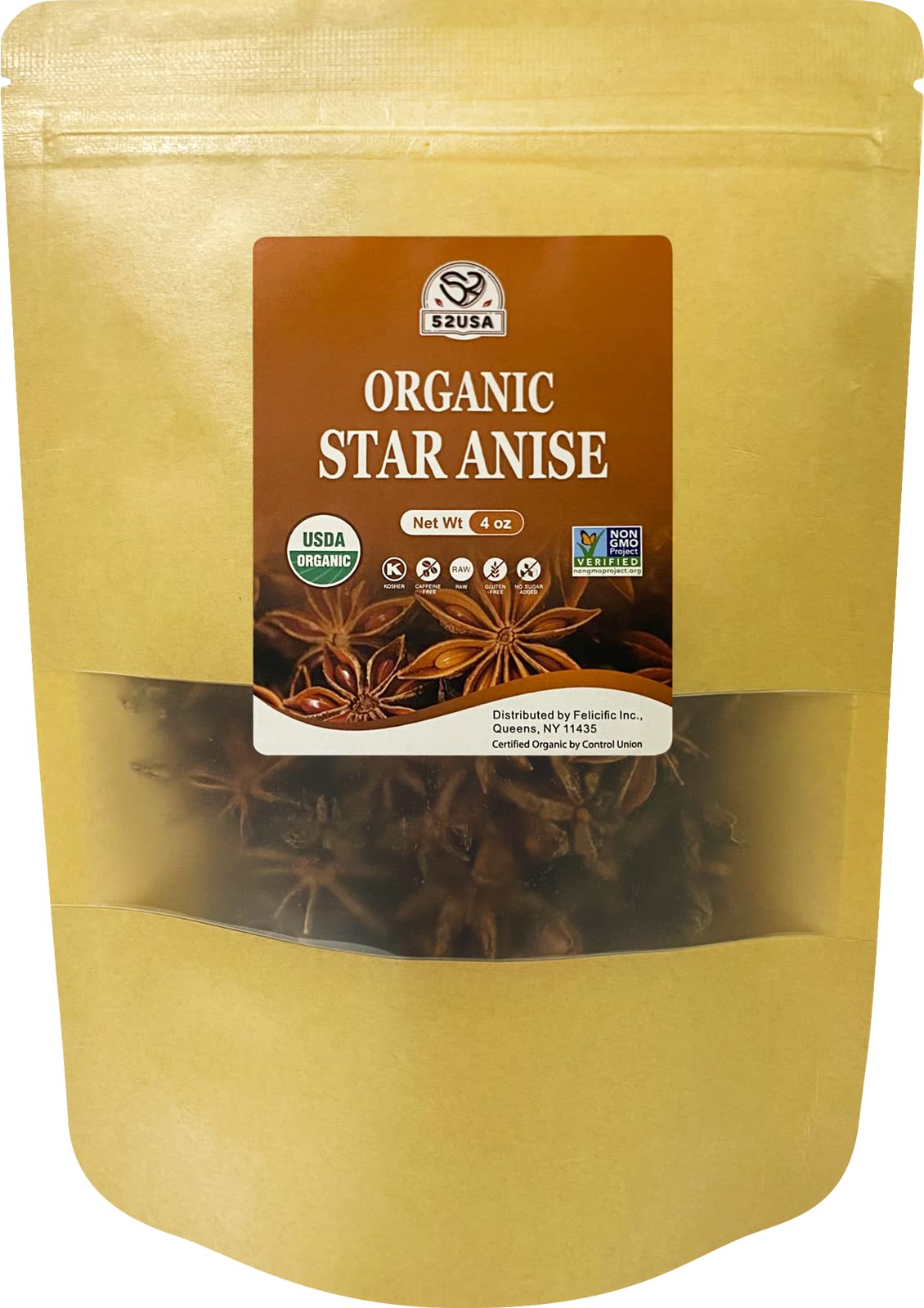 52USA Organic Star Anise, 4 Ounce (Pack of 1), NON-GMO Verified Chinese Star Anise Whole, Dried Star Anise Pods for Tea and baki