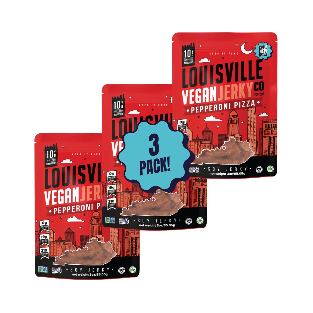 Louisville Vegan Jerky - Pepperoni Pizza Vegan And Vegetarian Friendly Meat - Lip-Smacking Jerky - Gluten-Free High Protein Vega