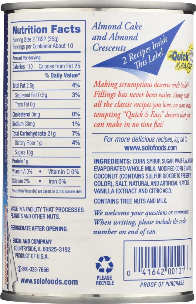 Solo Almond Cake and Pastry Filling 12.5oz, Pack of 6
