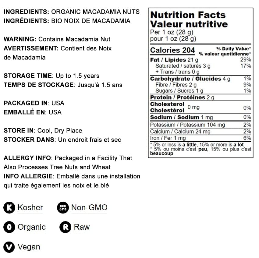 Food To Live Organic Whole Macadamia Nuts, 1 Pound - Non-Gmo, Raw, Shelled, Unsalted, Kosher, Vegan, Bulk. Keto Snack. Buttery F