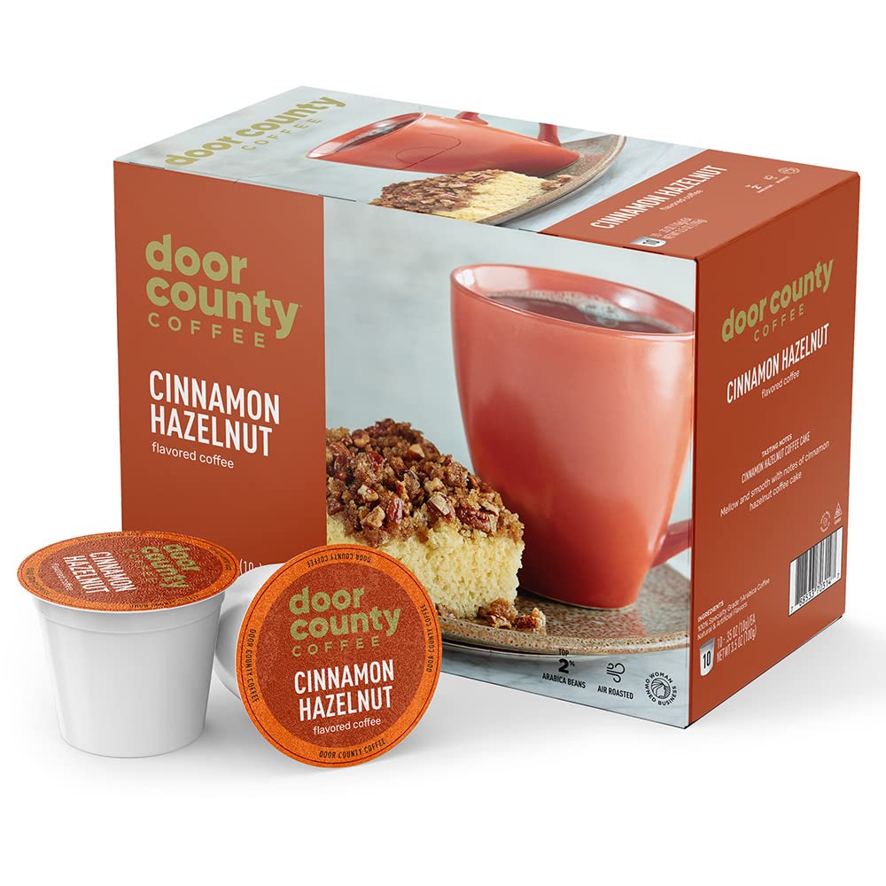 Door County Coffee - Cinnamon Hazelnut, Cinnamon Hazelnut Flavored Ground Coffee - Medium Roast, Single Serve Cups - 30 Count