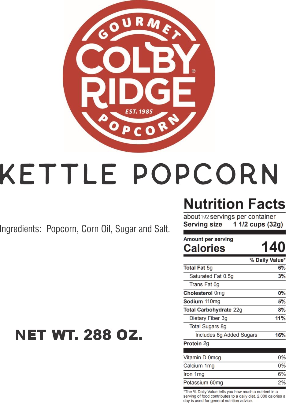 Colby Ridge Kettle Corn Gourmet Craft Popped Gluten Free Popcorn Bulk Sized Large Gift Bash Bags (Bulk 18 Gal. 288 Cups.) (Kettl