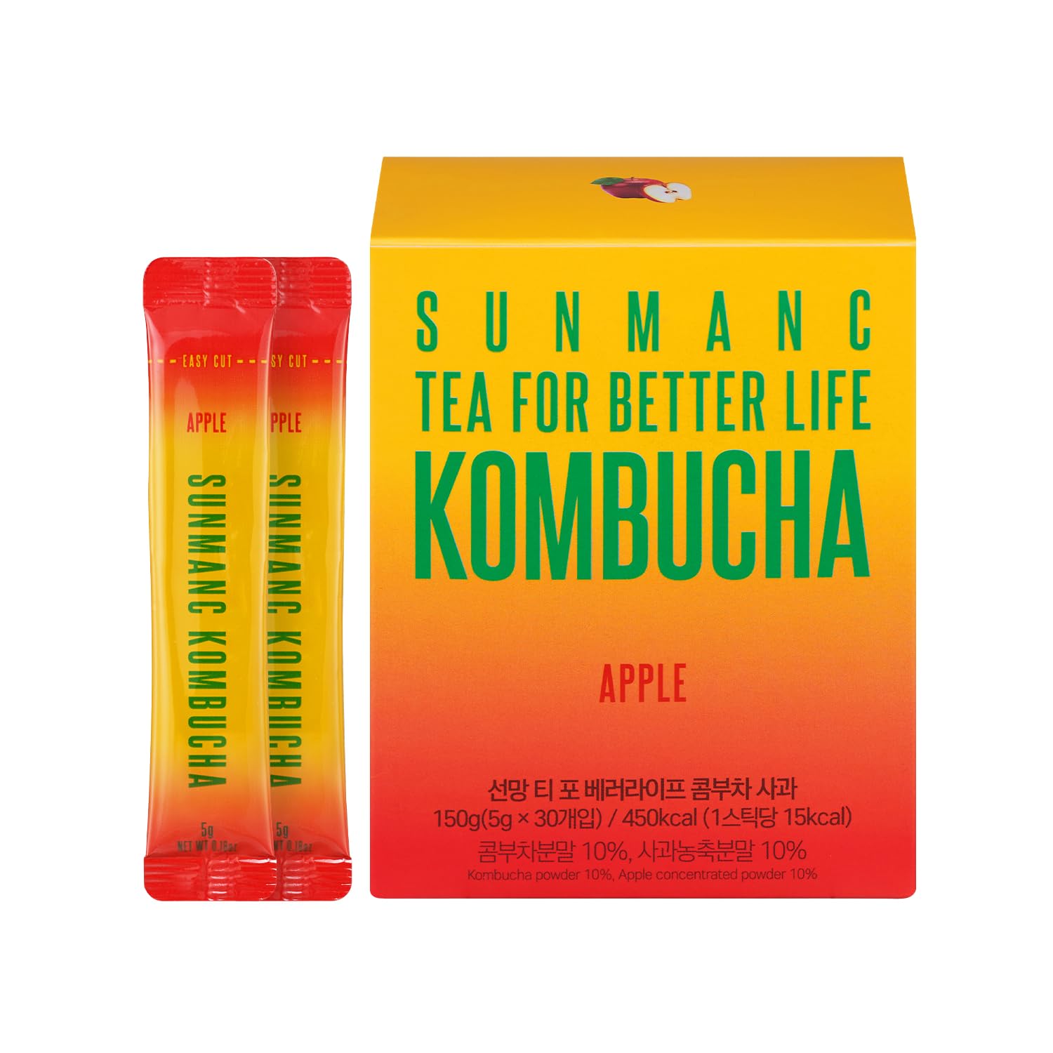 SUNMANC Kombucha Powdered Drink Mix, Sparkling Probiotic, 5.29 oz, Low Calories, Sugar 0g, Low Caffeine, Apple Flavor