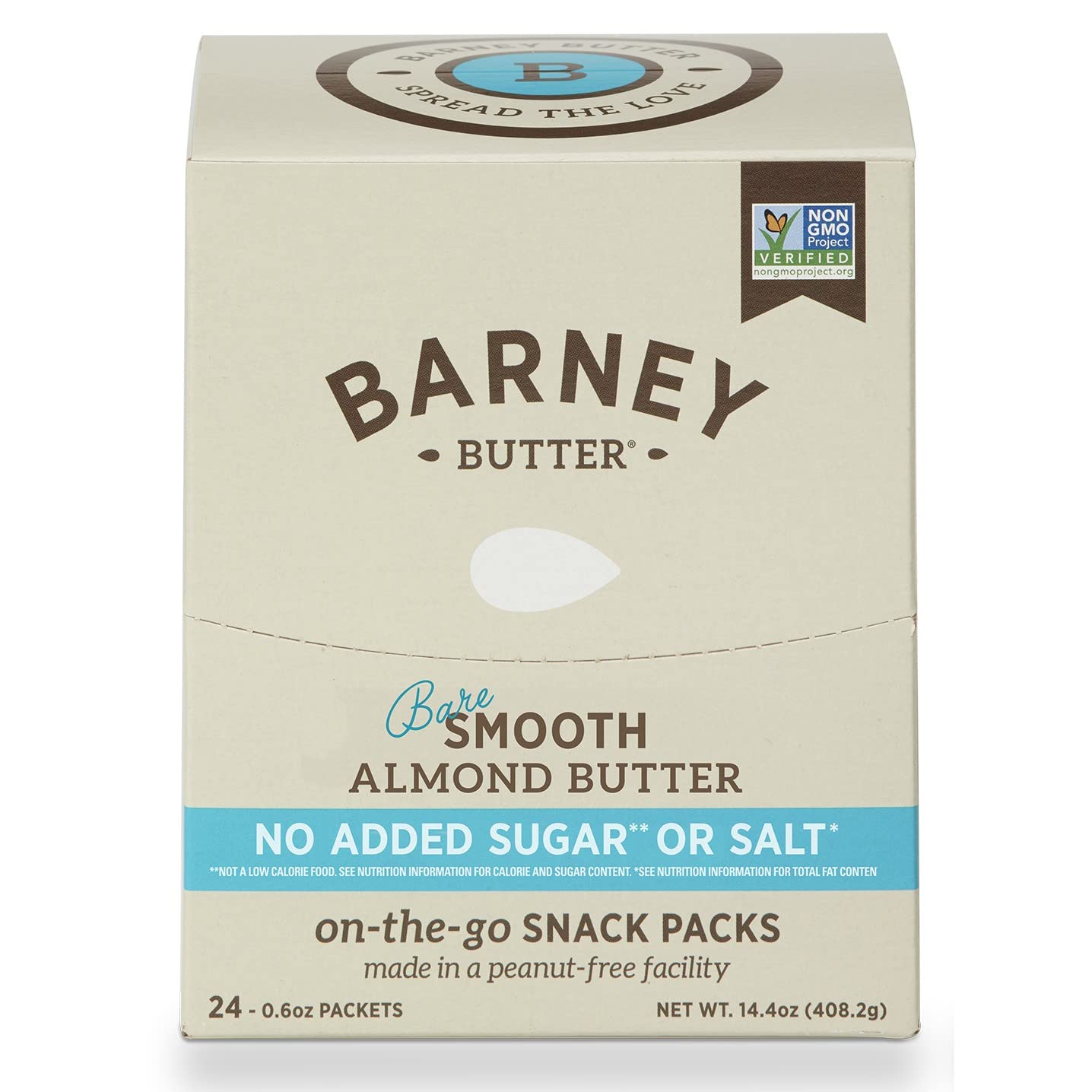 Barney Butter Almond Butter Snack Packs, No Added Sugar, 0.6 Ounce (Pack of 24), Bare Smooth, Non-GMO, Gluten Free, Vegan