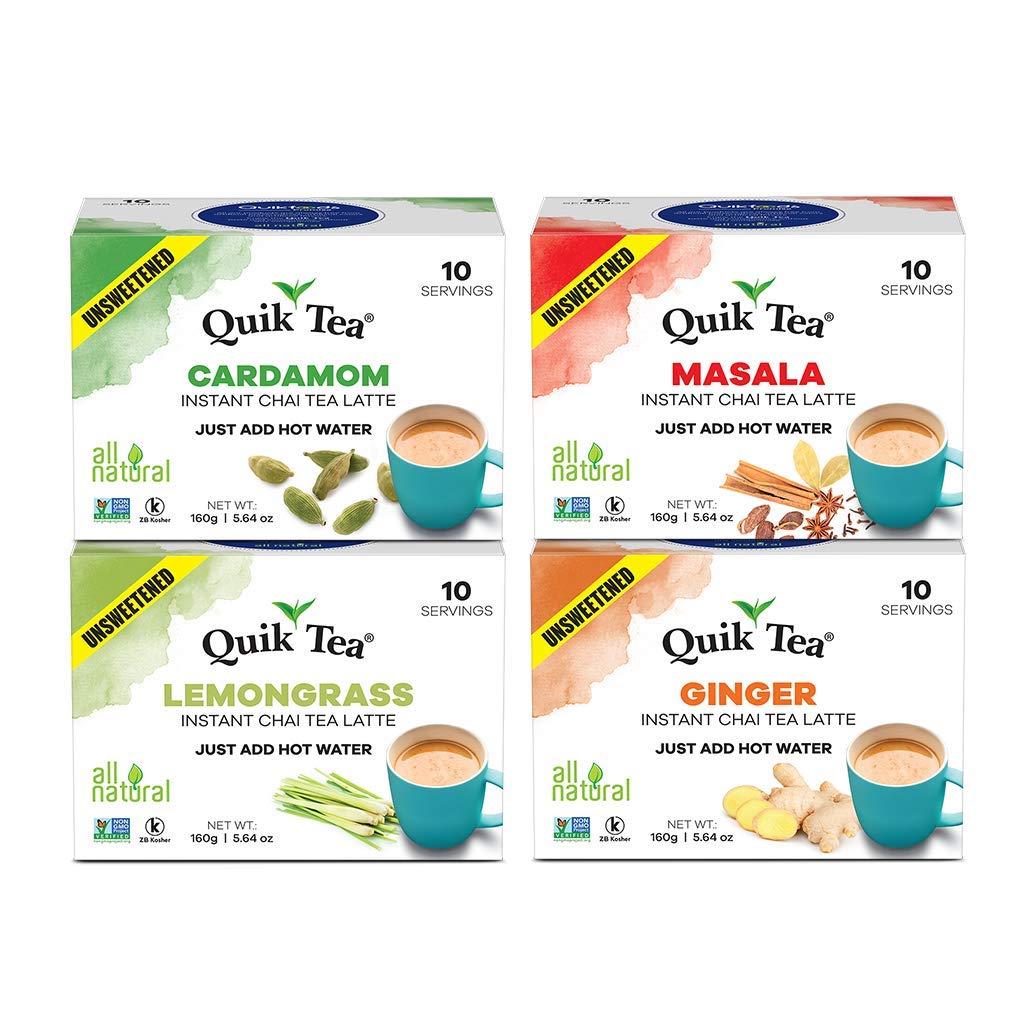 QuikTea 4 Flavors Unsweetened Variety Pack, Cardamom/Masala/Ginger/Lemongrass, 40 Oz