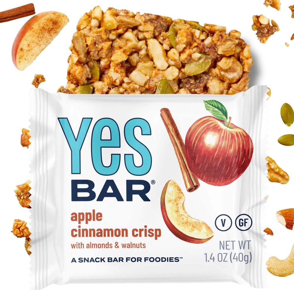 The YES Bar Apple Cinnamon Crisp - Plant Based Protein Snack Bar, Vegan, Gluten Free, Low Sugar, 1.4 oz, Light Brown