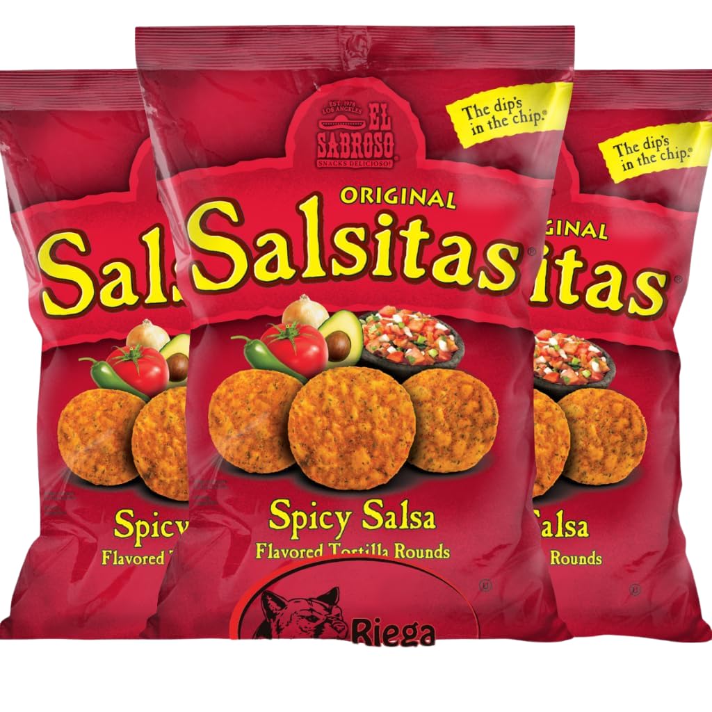 El Sabroso Salsitas Spicy Salsa Round Tortilla Chips, 3oz Bags (Pack of 3, Total of 9 Ounces) bundled by Riega Snacks