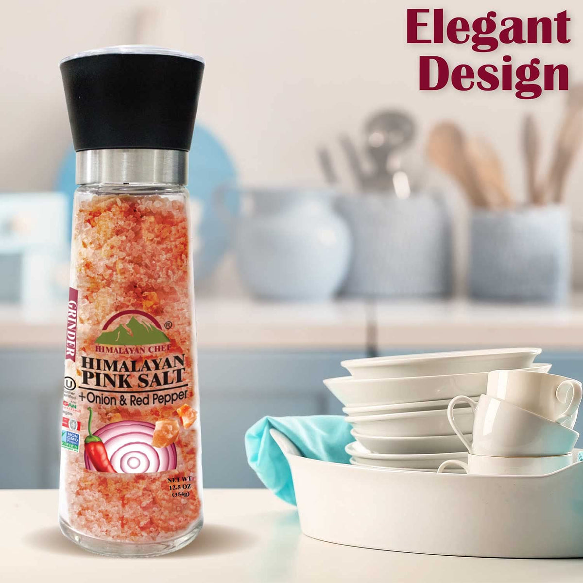 Himalayan Chef Pink Salt with Roasted Onion & Red Crushed Pepper, Tall Glass Grinder, 10.58 Oz