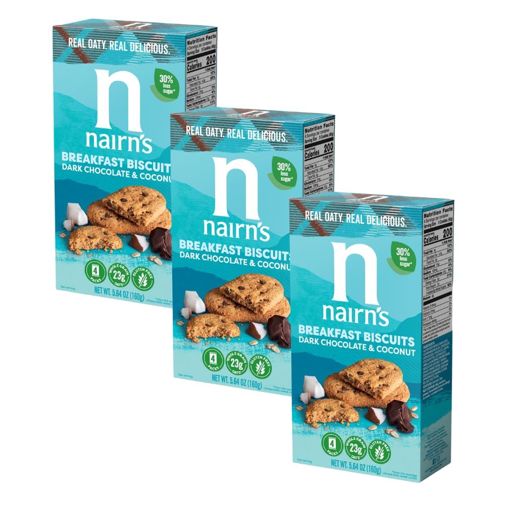 NairnS Gluten-Free Chocolate & Coconut Breakfast Biscuits - Healthy  Tasty  High Fiber  Non-Gmo  No Artificial Colors  Flavors  Or Preservatives  Safe For Celiacs  5.64Oz (Pack Of 3)