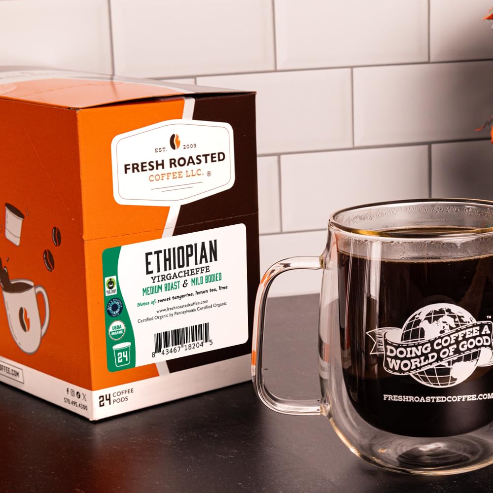 Fresh Roasted Coffee K-Cup Compatible Organic Ethiopian Yirgacheffe 72 Pods Coffee