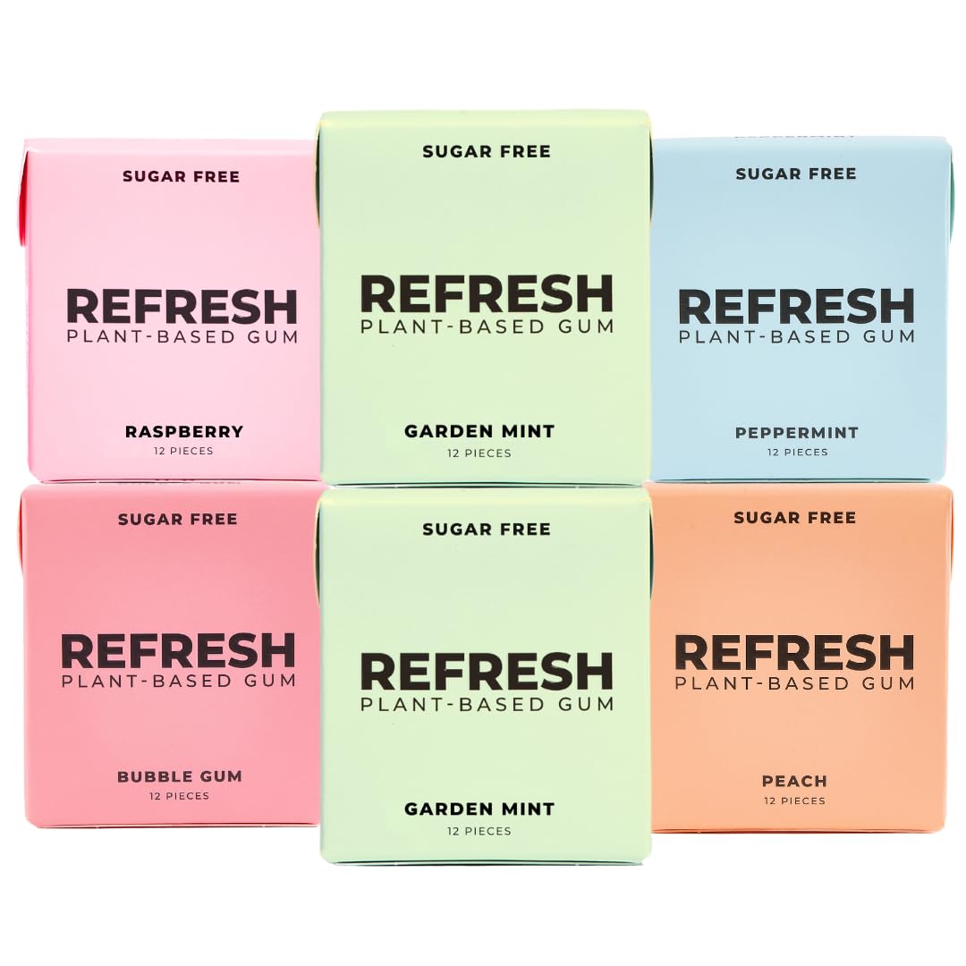 Refresh Gum  Xylitol  Natural  Sugar Free  Plastic Free  Organic Ingredients  Non GMO  Peppermint  Garden Mint  Bubble Gum  Peach & Raspberry Variety Pack  12 Pcs  6 Pack