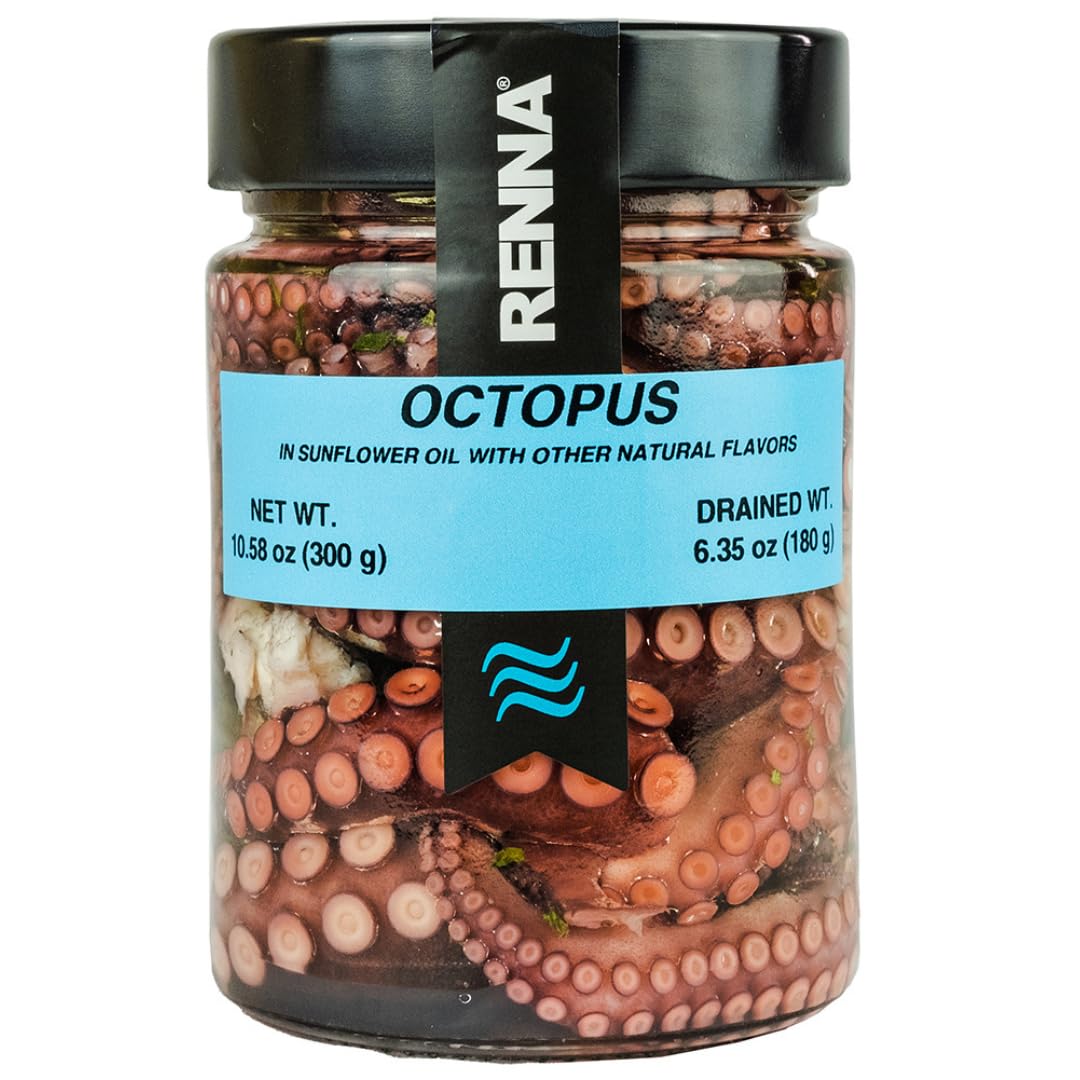 Renna Fresh Whole Wild Octopus Tentacles in Oil, Tender Mediterranean Seafood Salad, 10.58 oz, Ready-to-Eat Appetizer
