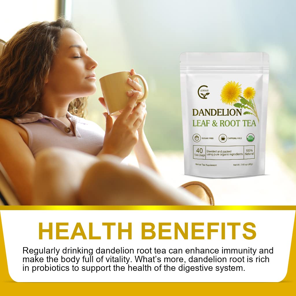 GORNVB Organic Dandelion Leaf & Root Tea, Caffeine Free, 40 Tea Bags, Supports Healthy Digestion and Kidney Function