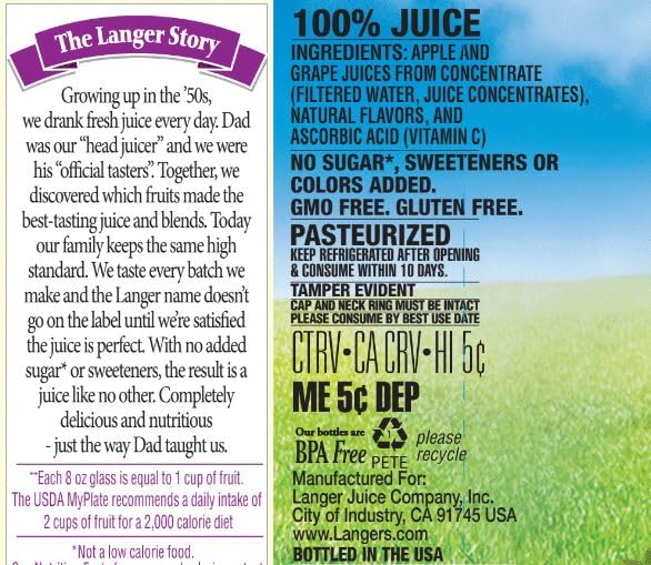 Langers 100% Juice with Vitamin C, Apple Grape, 64 Fl Oz (Pack of 8)
