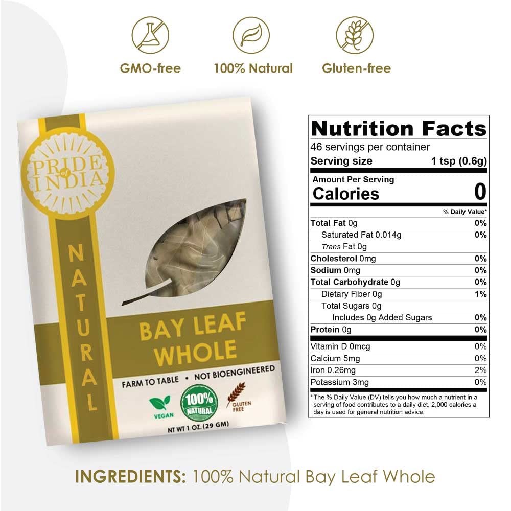Pride Of India Natural Bay Leaf Whole- 1 Oz (29 Gm) Resealable Pouch- Certified Pure & Enhanced Quality Whole Spice - Best Used In Soups, Meats, Fish, Tacos Etc- Offers Best Value For Money