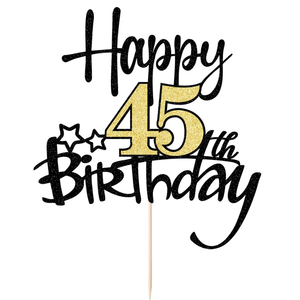 Kaoenla Black Gold Glitter Happy 45Th Birthday Cake Topper - Hello 45/Cheers 45,Happy Forty-Five Birthday Anniversary,45 Years O