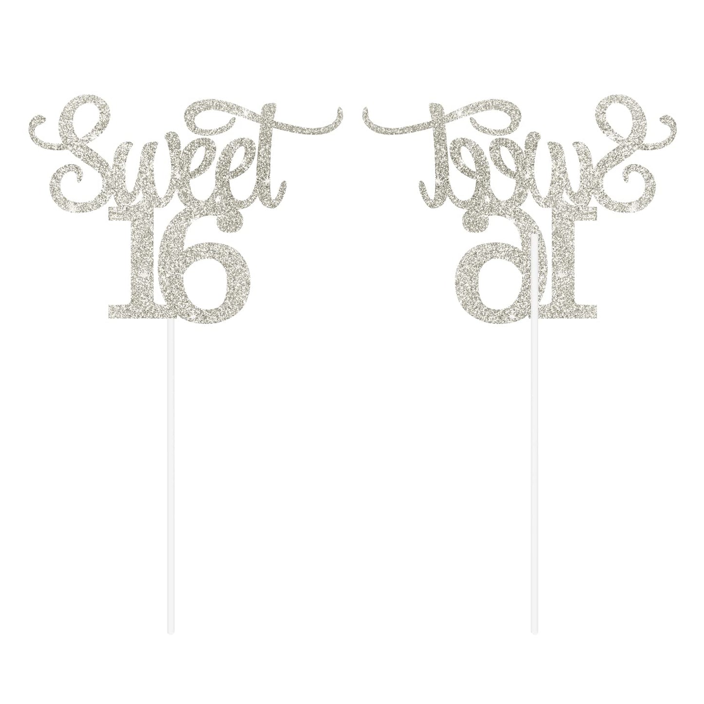 Gexolenu Silver Glitter Double-sided Happy Sweet 16 Cake Topper, Birthday Party Supplies