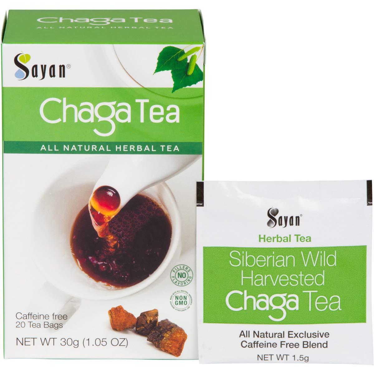 Sayan Chaga Mushroom Tea – 20 Unbleached Bags, Organic, Caffeine-Free, 1.05 Oz (30g), Immune & Digestion Support