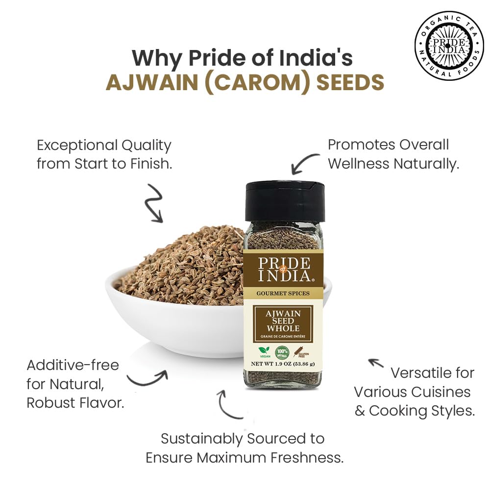 Pride Of India Ajwain Seed Whole Gourmet Carom Seeds 2.1 oz Aromatic Flavoring Agent for Savory Dishes