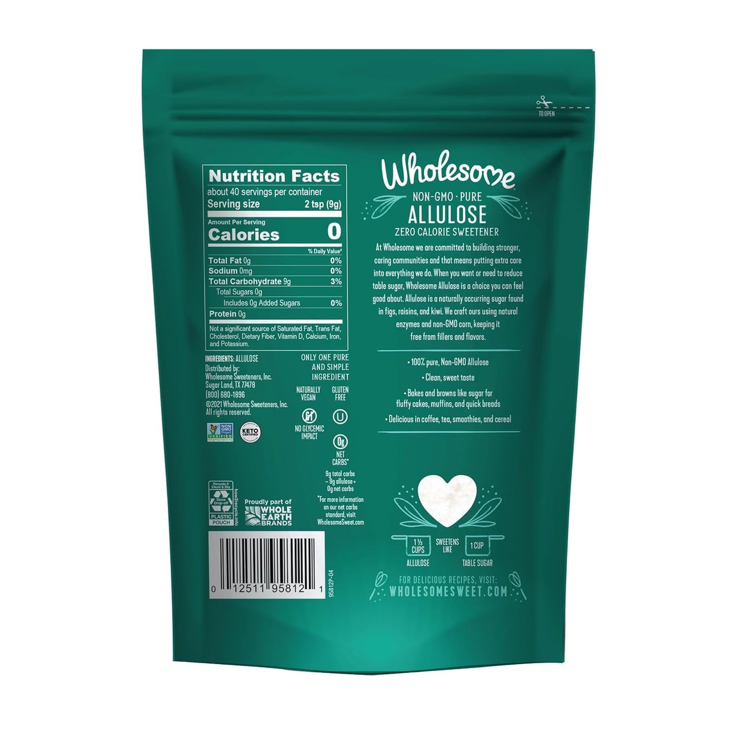 Wholesome Allulose Sweetener, Zero Calorie Granulated Sugar Substitute, 12 Ounce (Pack of 2), Non GMO, Gluten Free, Vegan