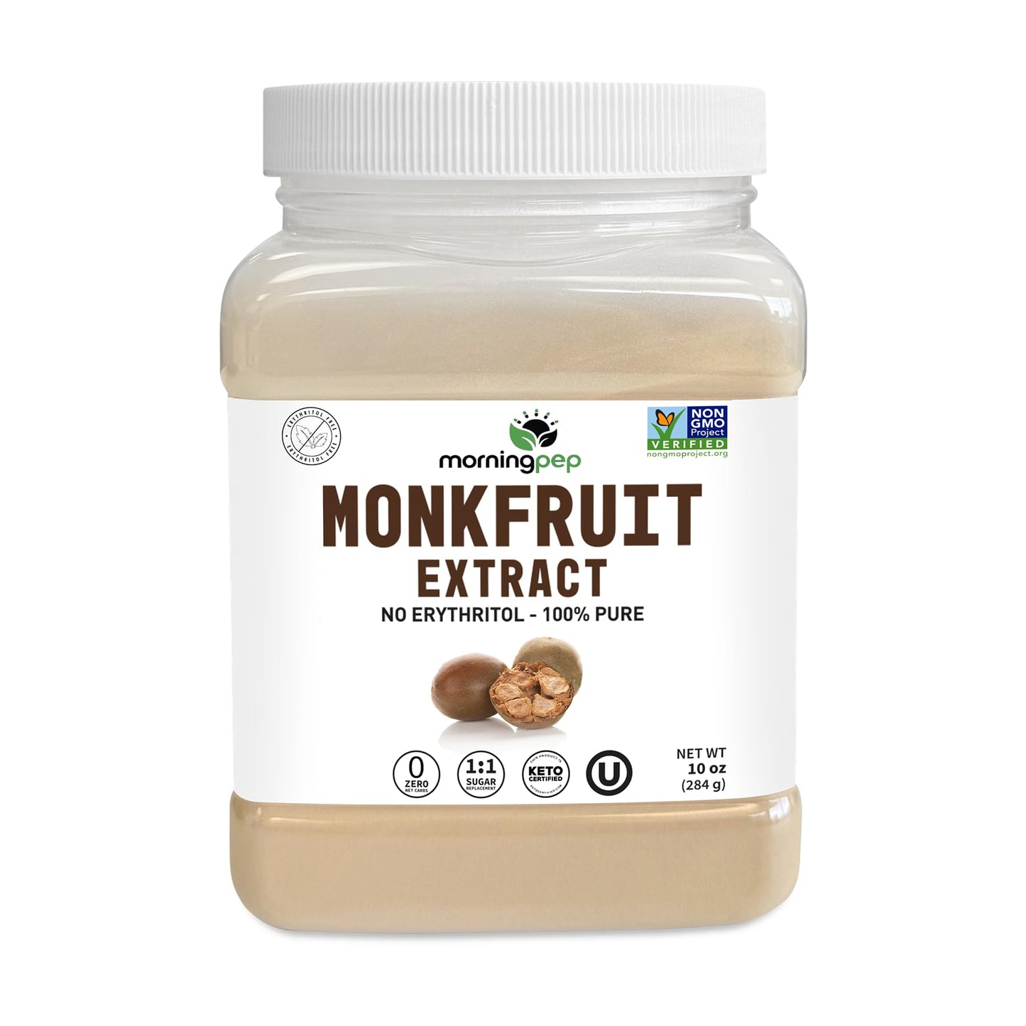 Morning Pep Monk Fruit Extract Sweetener, Non-GMO, Keto Certified, 10 oz, Zero Calories, No Erythritol, Over 900 Servings
