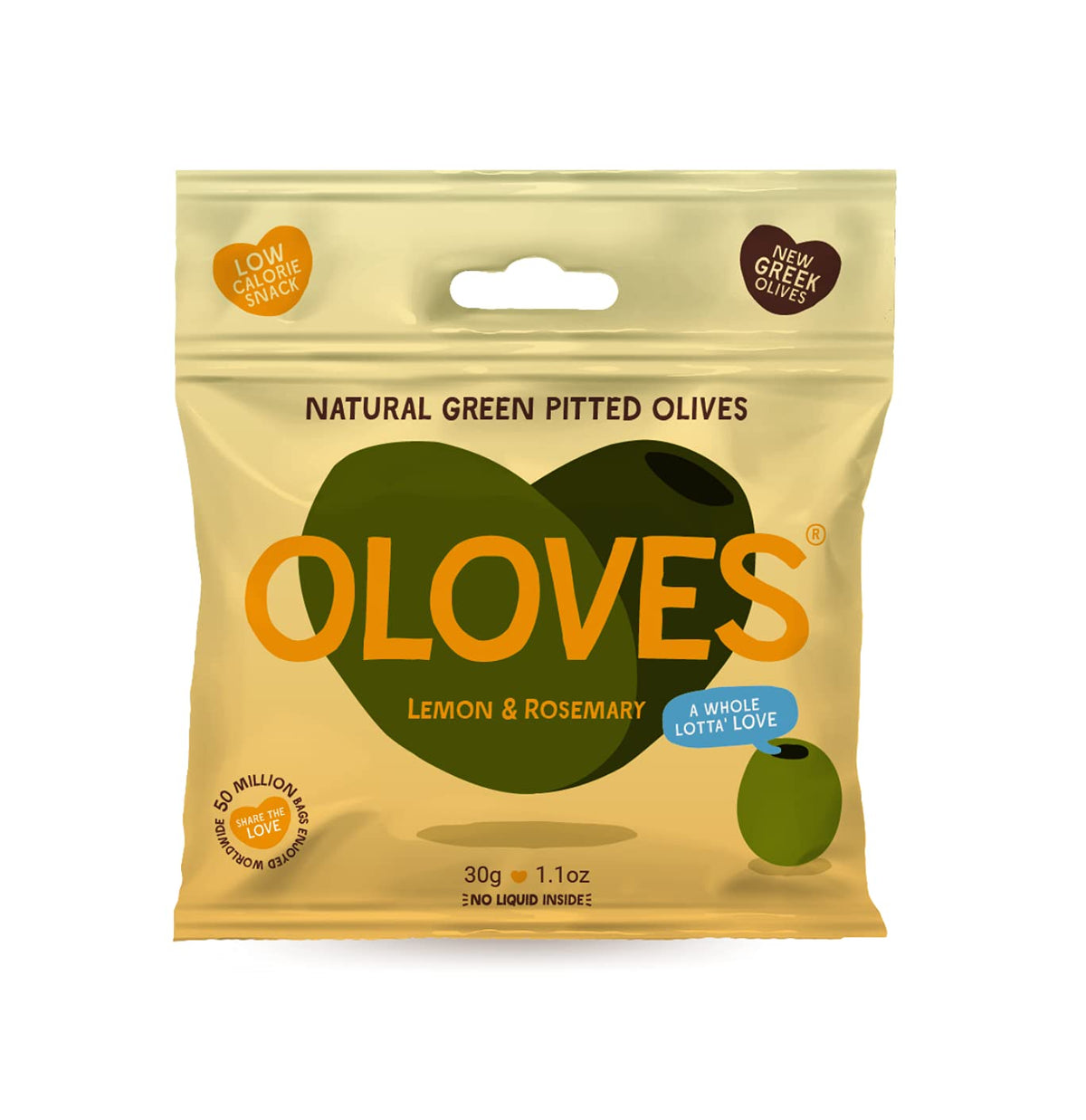 Oloves Green Greek Pitted Olives | Lemon & Rosemary | Vegan, Kosher, Gluten Free + Keto Friendly, Fresh, All Natural Low Calorie Healthy Snacks | (30 Pack, 1.1Oz Bags)