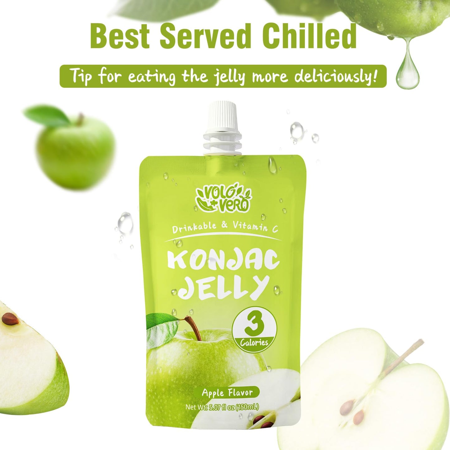 VOLO VERO Konjac Jelly Squeeze Pouch Apple Flavor, Low Calories (3 Kcal), 10 Packs, Gluten Free & Vegan, 0 Sugar, Keto, Low Carb
