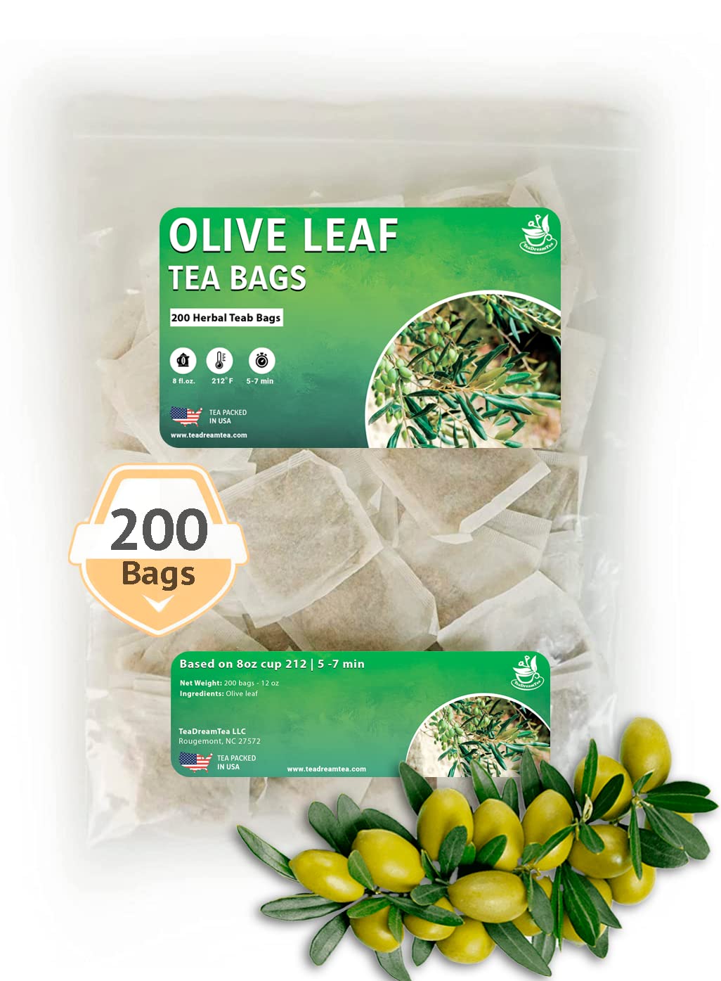 TeaDreamTea Olive Leaf Herbal Tea Bags - Caffeine Free - 200 Count Pack