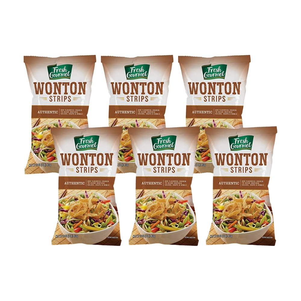 Fresh Gourmet Authentic Wonton Strips Crunchy Snack and Salad Topper, 16 Ounce. (Pack of 6)