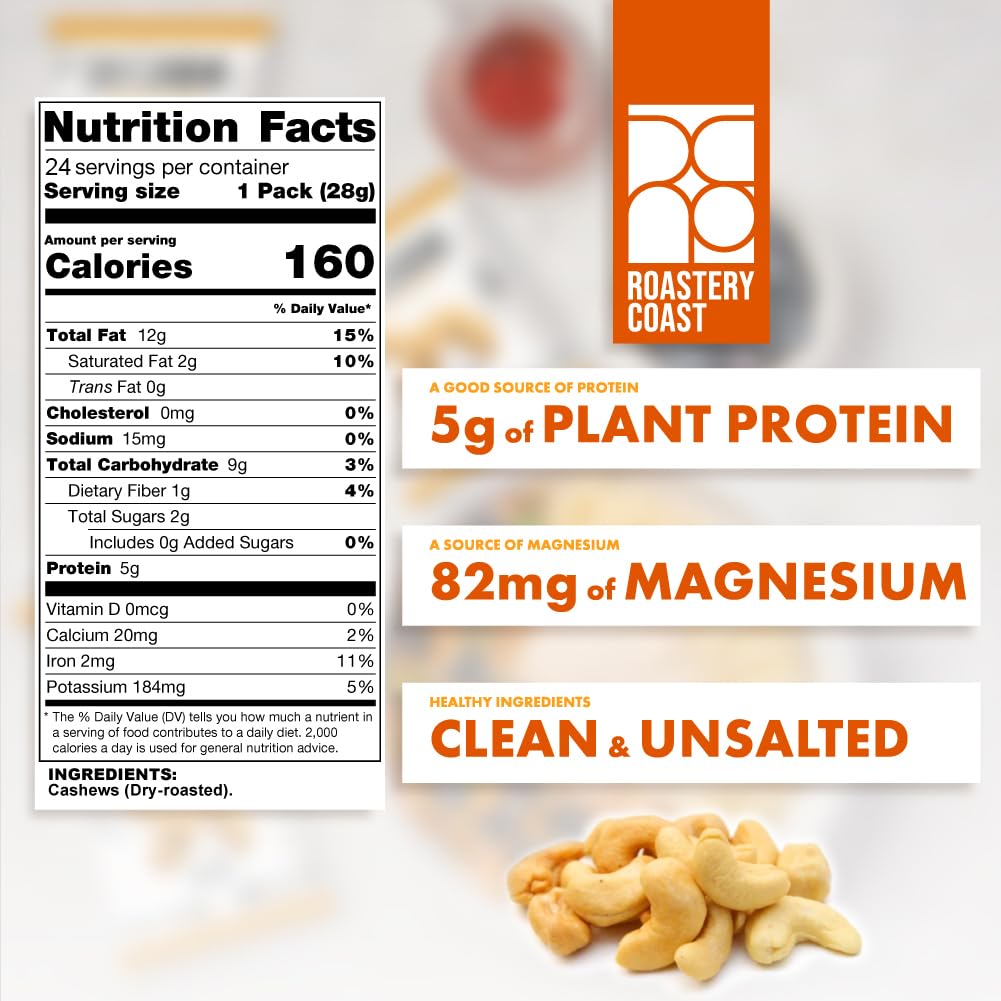 Roastery Coast - Just Cashews Unsalted | Individually wrapped snack (1 Oz each) | Whole Unsalted Cashews | Non-GMO, Gluten Free,