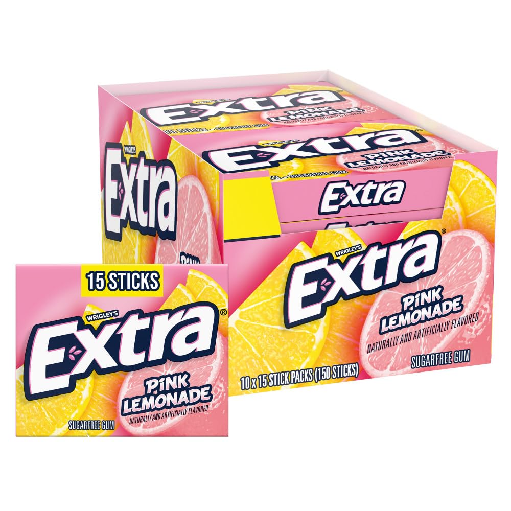 Extra Gum Pink Lemonade - Sugar-Free Chewing Gum, 15 Sticks per Pack, Bulk Box of 10 Packs, Total 150 Sticks
