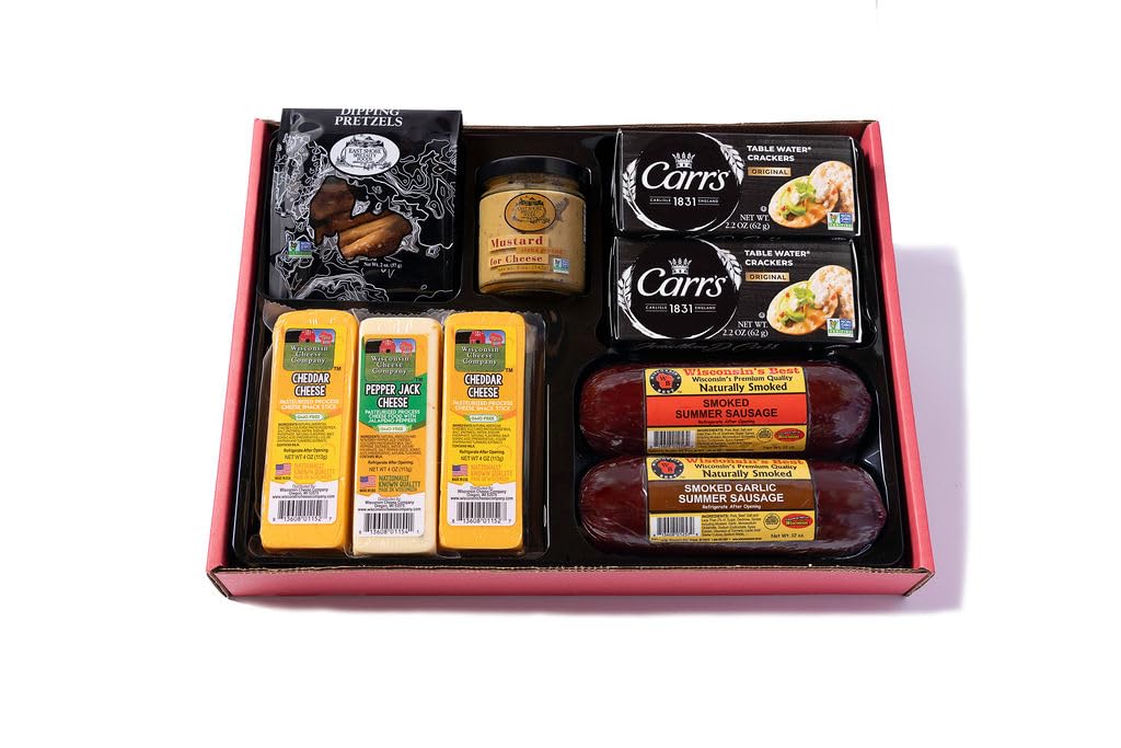 Wisconsin Cheese Company - Grand Cheese & Sausage Gift Box - 100% Wisconsin Cheddar & Pepper Jack Cheese, Sausage,  Ers, Pretzel & Mustard | Perfect For Parties, Charcuterie Boards, And Holiday Gifts