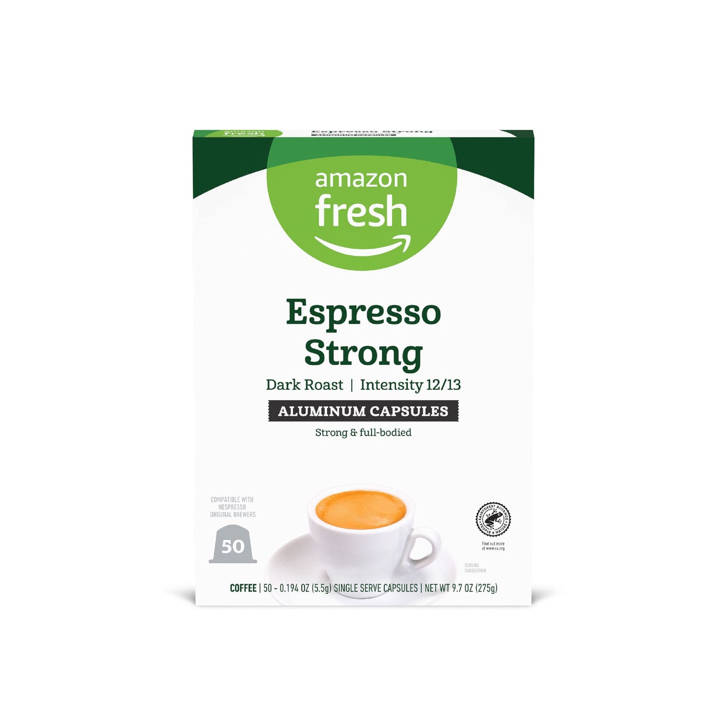 Amazon Fresh Espresso Capsules, Dark Roast, Intensity 12/13, 50 Count (5 Packs of 10), Compatible with Nespresso Original Brewers