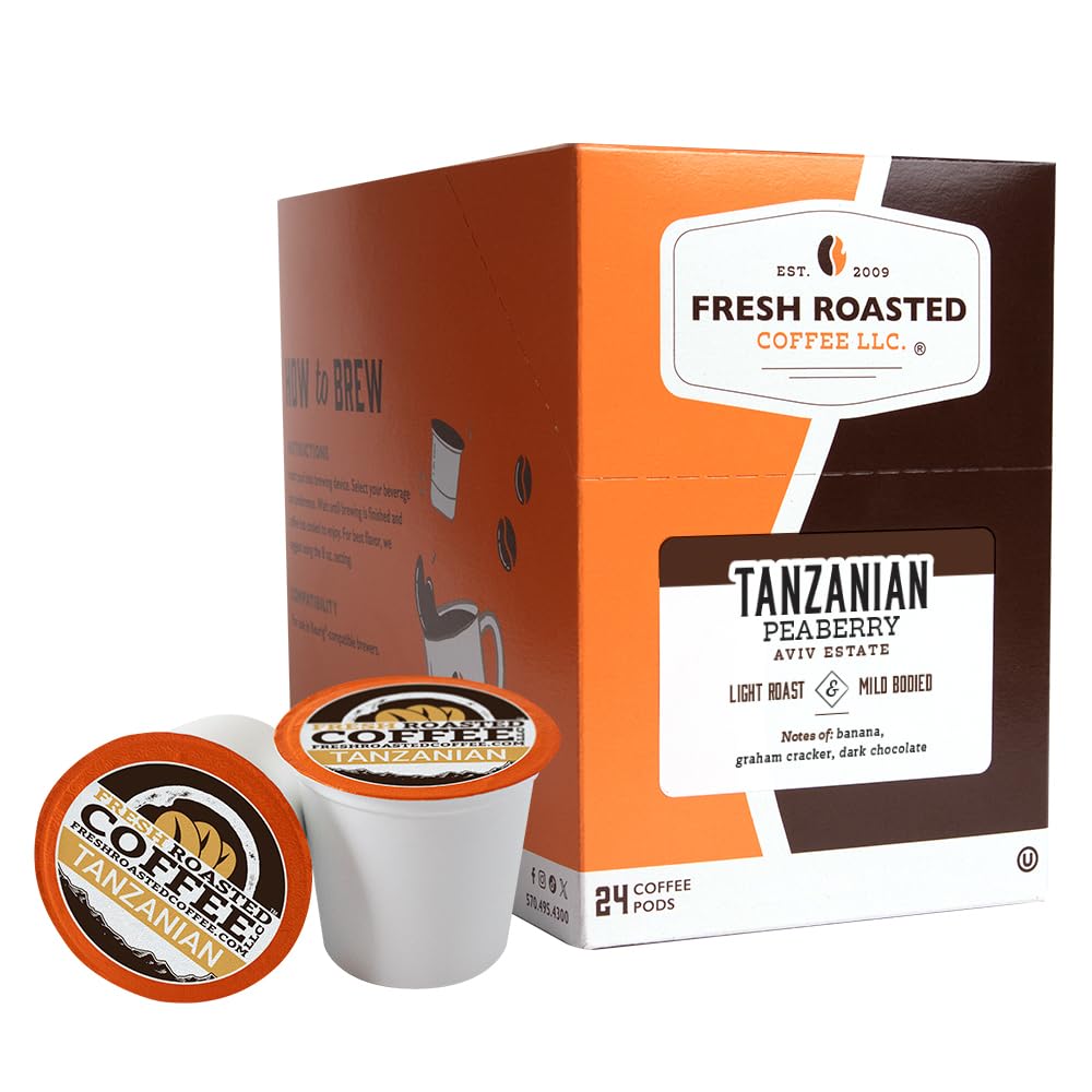Fresh Roasted Coffee, Tanzanian Peaberry, Light Roast, Kosher, K-Cup Compatible, 24 Pods