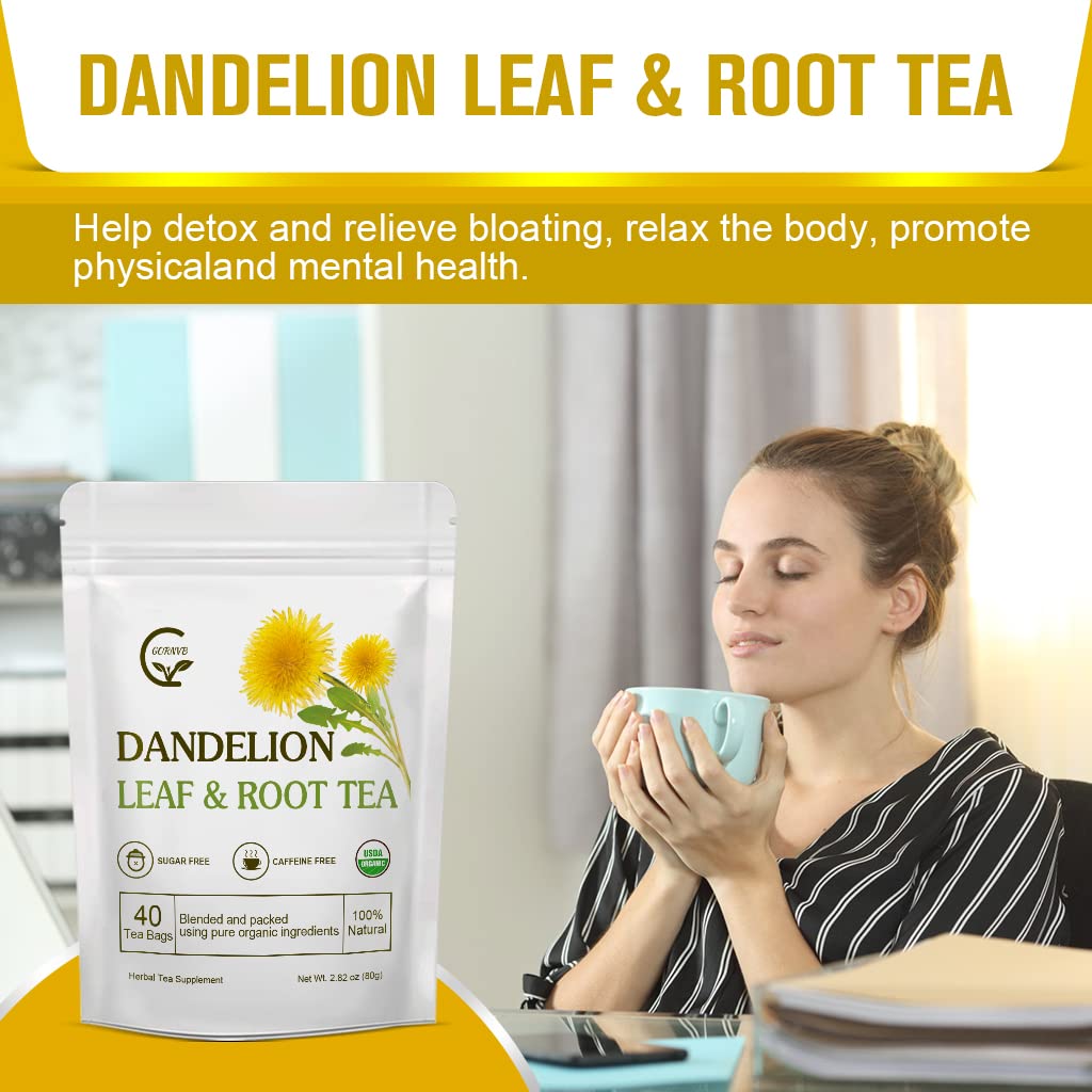 GORNVB Organic Dandelion Leaf & Root Tea, Caffeine Free, 40 Tea Bags, Supports Healthy Digestion and Kidney Function