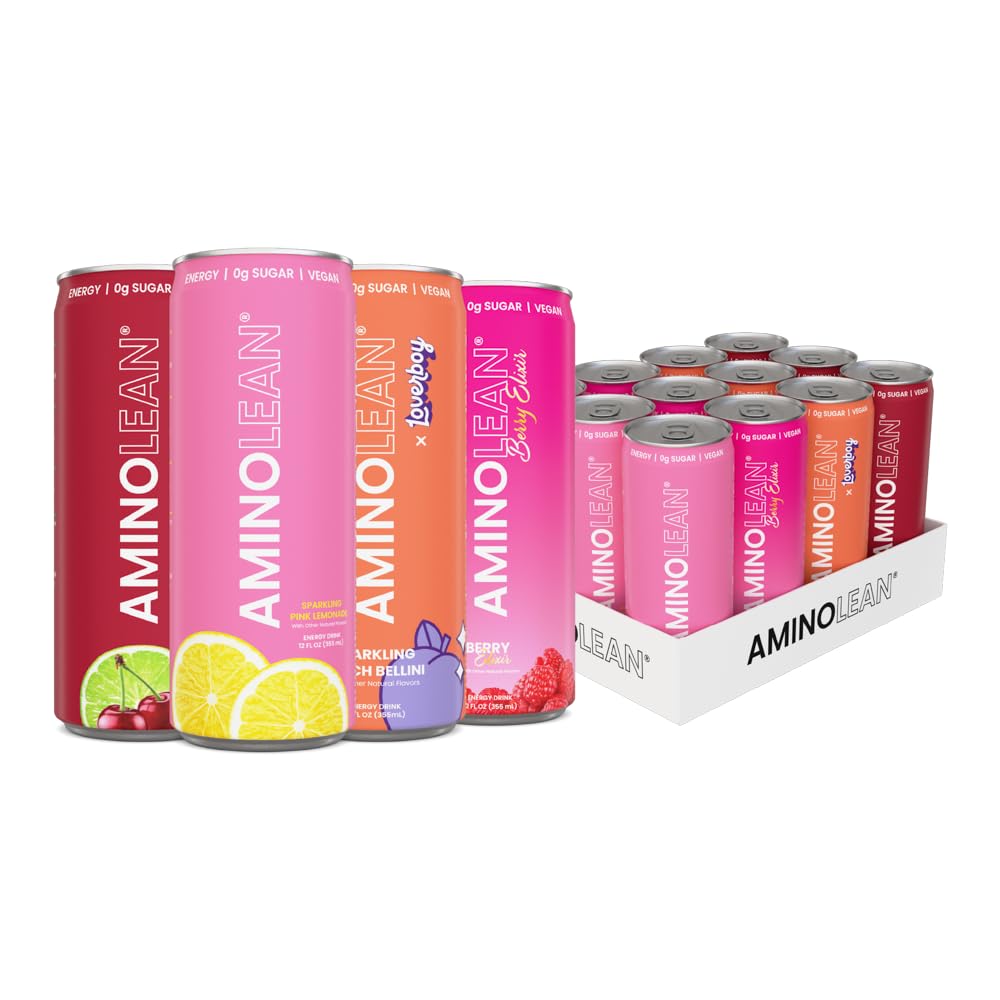 AminoLean Energy Drink - Sugar Free Amino Energy with Natural Caffeine & Vegan Amino Acids for No Jitters  Tingles  or Crash  Summer Variety  12 Pack