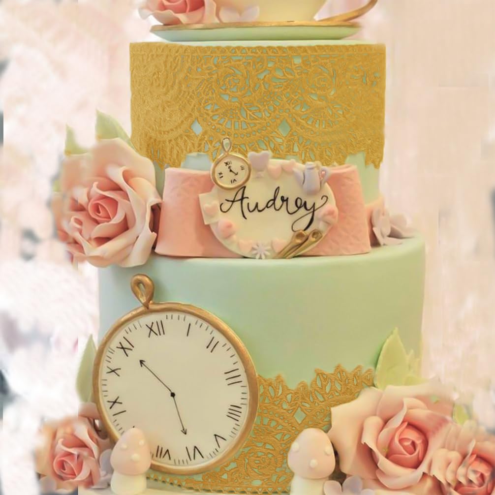 Large Pre-Made Ready To Use Edible Cake Lace Rose Scallop Golden 14-Inch 10-Piece Set
