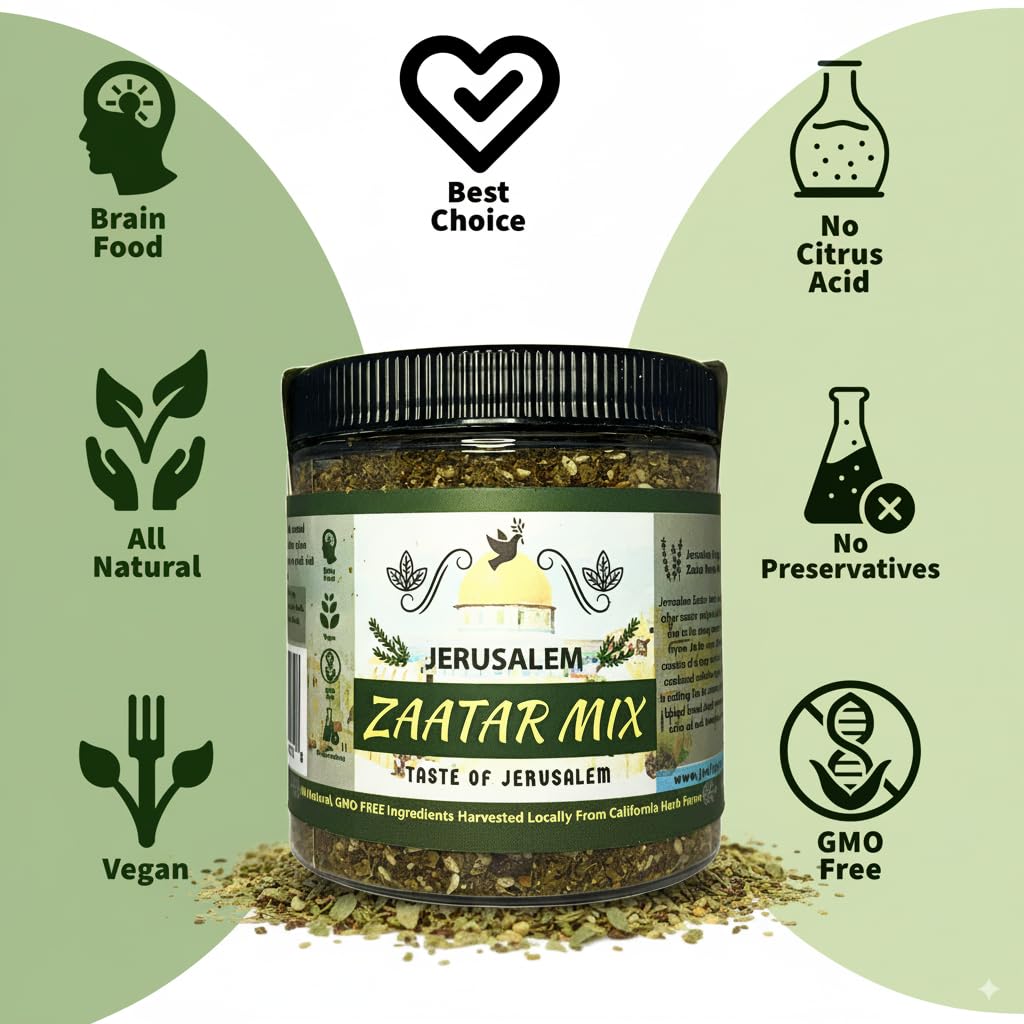 Jerusalem Zaatar Spice Mix Jar by Julians Valleys | Made with Natural Herbs and Pure Sumac | 4OZ | Zataar seasoning Jar| No Pres