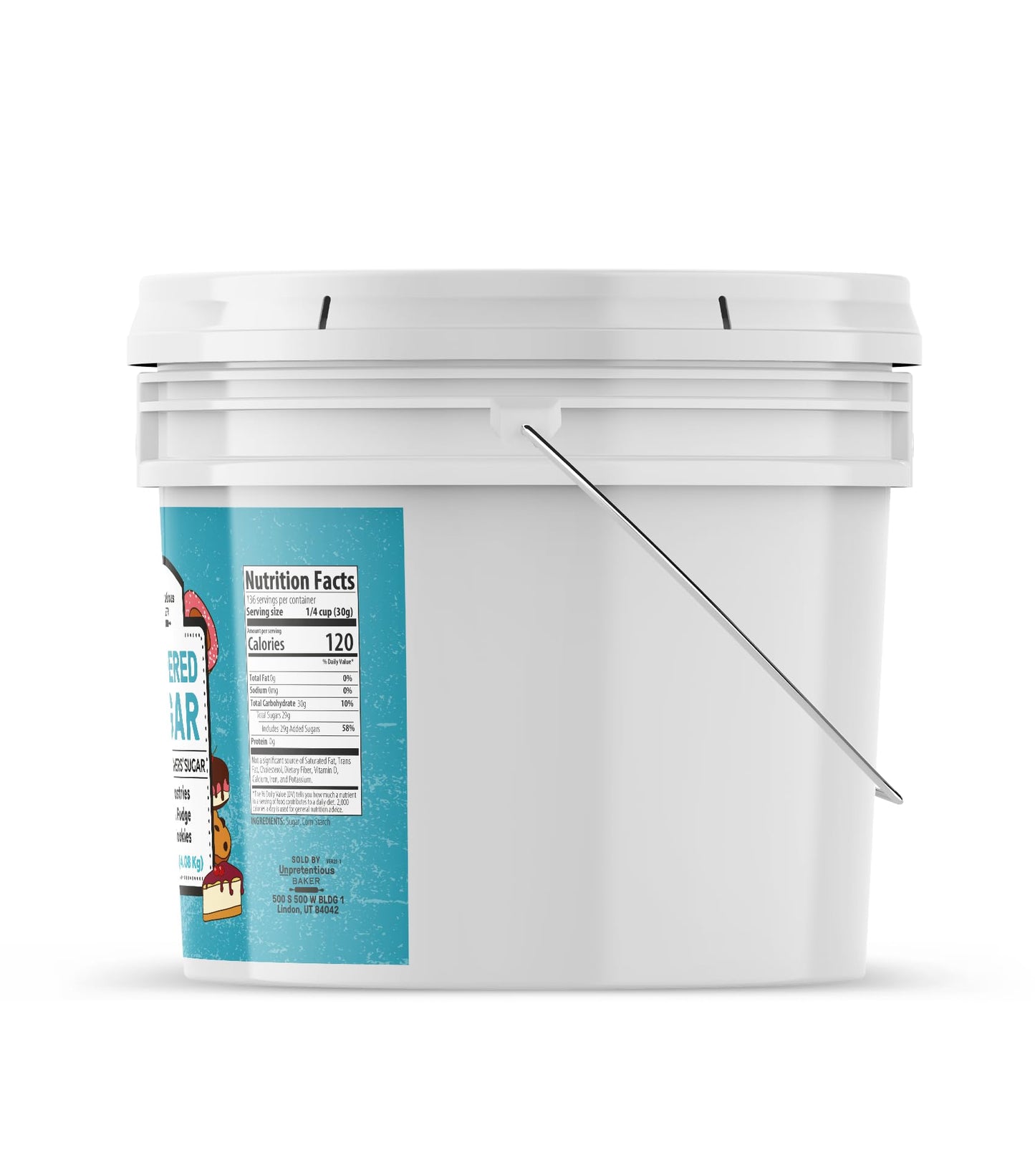 Unpretentious Powdered Sugar, Confectioners Sugar, 144 Ounce Bucket, White, Ideal for Baking and Desserts