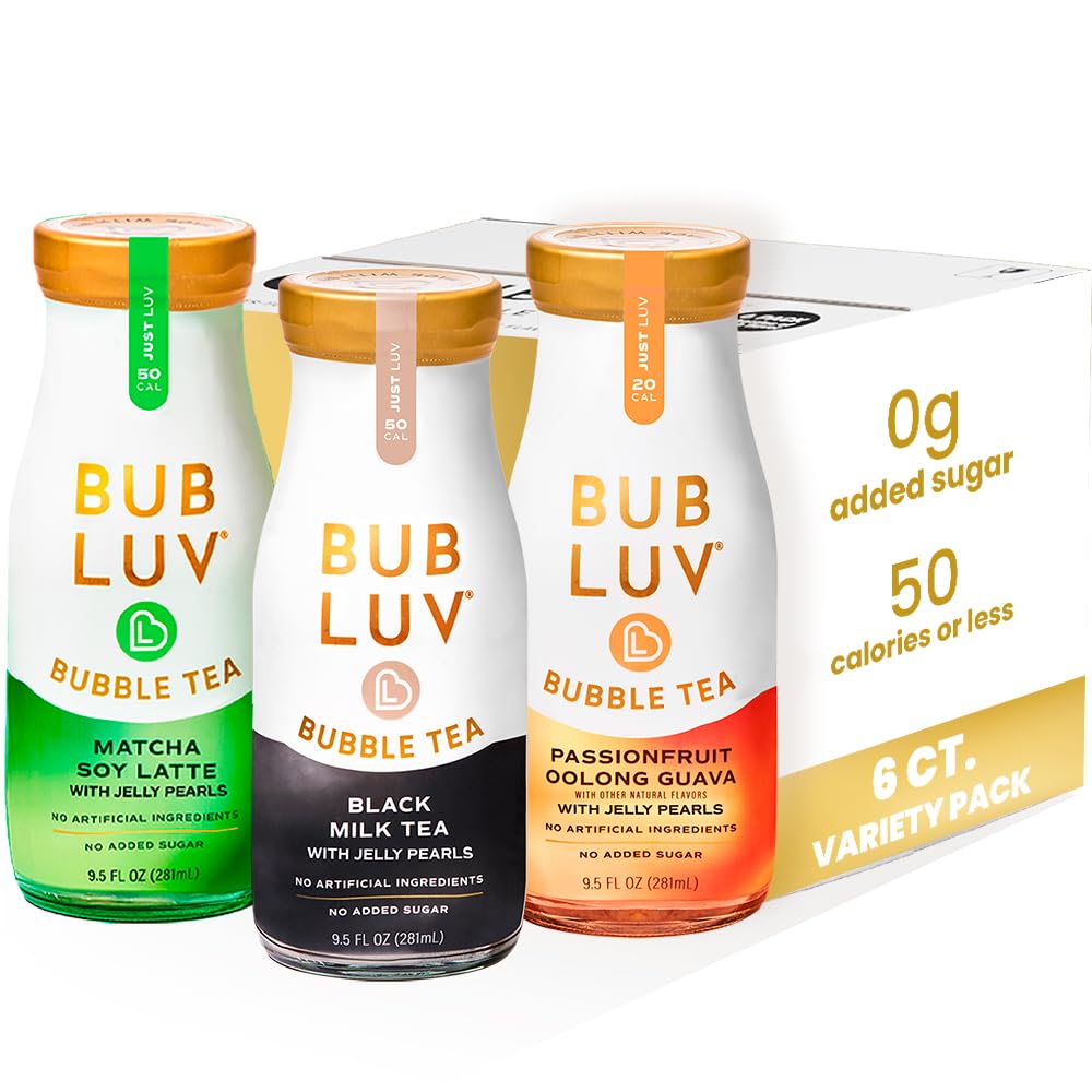 BUBLUV Low Sugar Bubble Tea with Low-Carb Jelly Pearls - 3 Flavor Variety Pack (2 bottles each of Black Milk Tea, Matcha Soy Lat