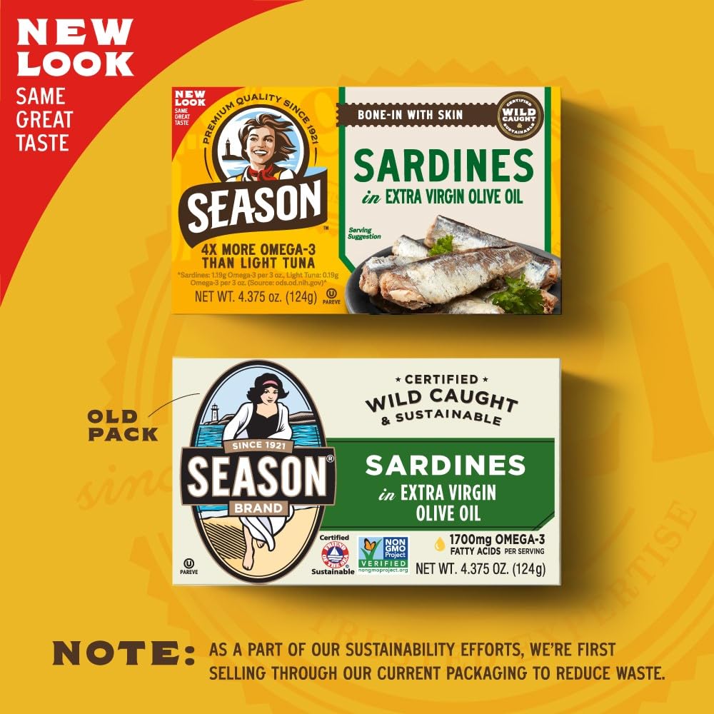 Season Sardines in Extra Virgin Olive Oil - Wild Caught, 22g of Protein, Keto Snacks, More Omega 3's Than Tuna, Kosher, High in