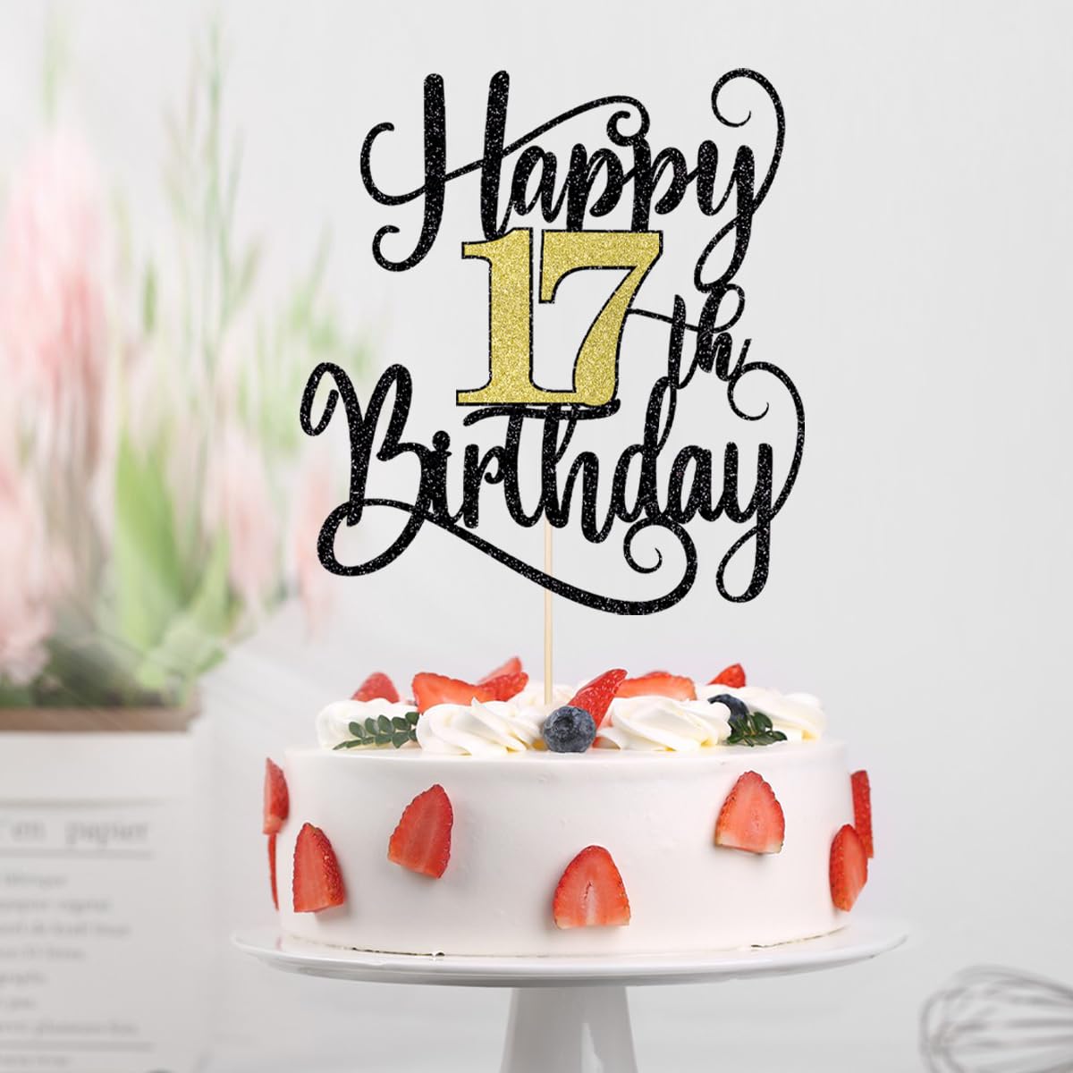 Happy 17Th Birthday Cake Topper, 17 Birthday Party Cake Decorations (Black And Gold Flashes, 17Th)
