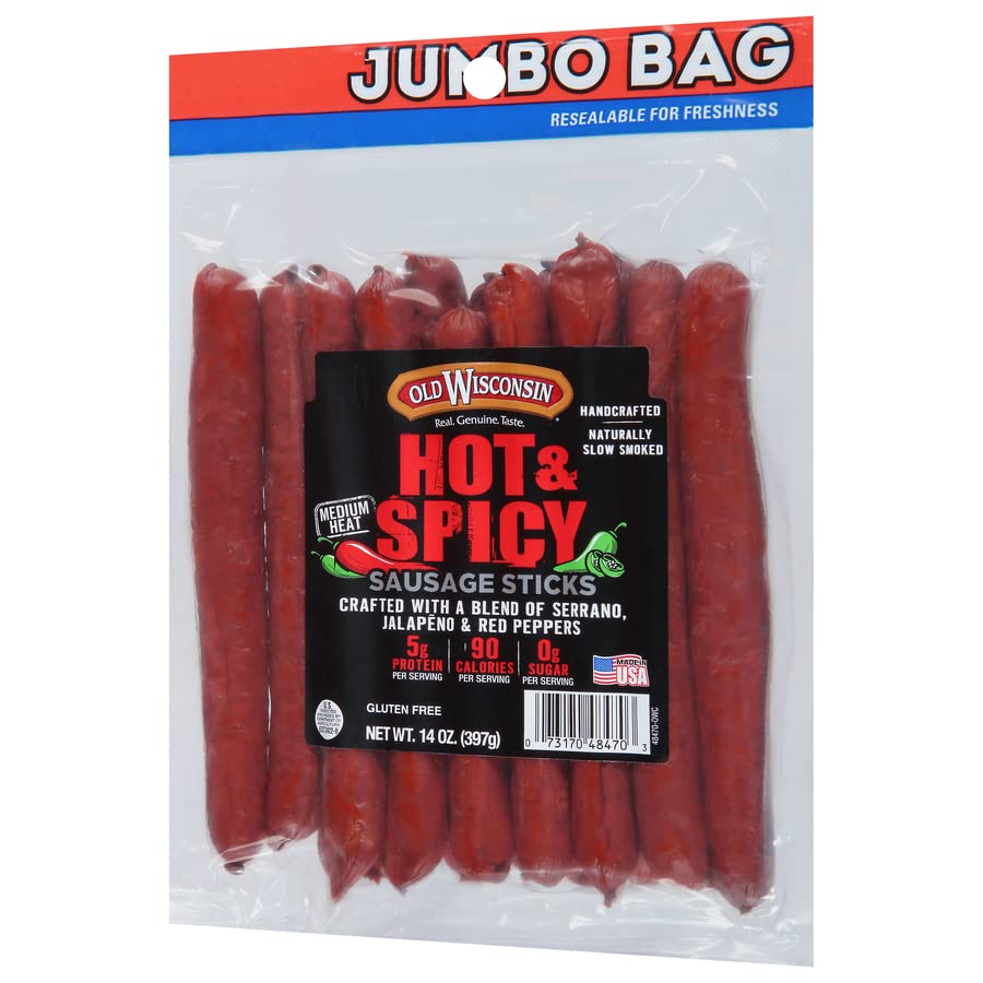 Old Wisconsin Hot & Spicy Sausage Snack Sticks, 14oz Resealable Pack, Naturally Smoked, High Protein, Low Carb, Gluten Free