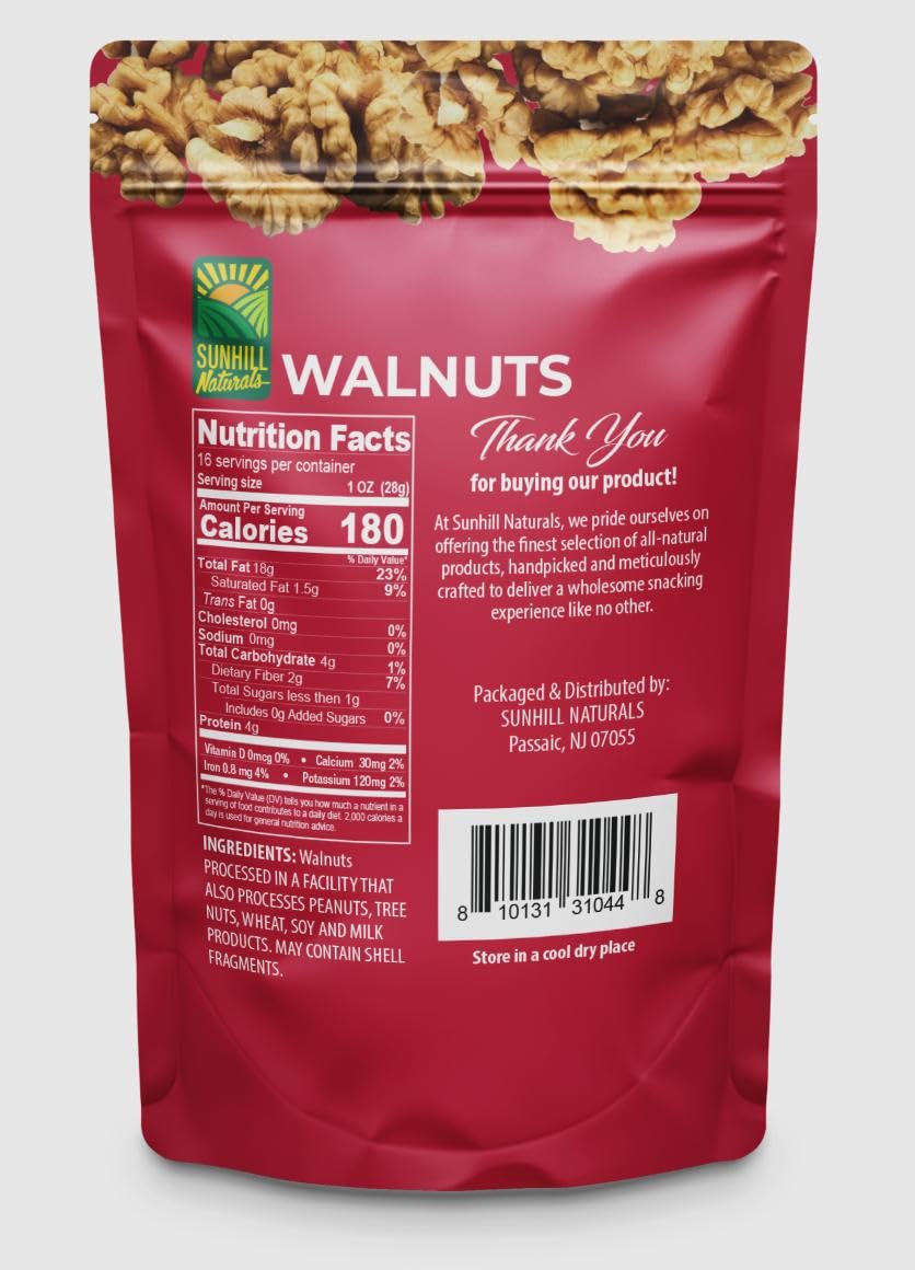 Sunhill Naturals Premium Raw Shelled Walnuts - Halved Unsalted Chandler Walnuts, 7 x 10 x 2.5 inches, Ideal for Smart Snacking